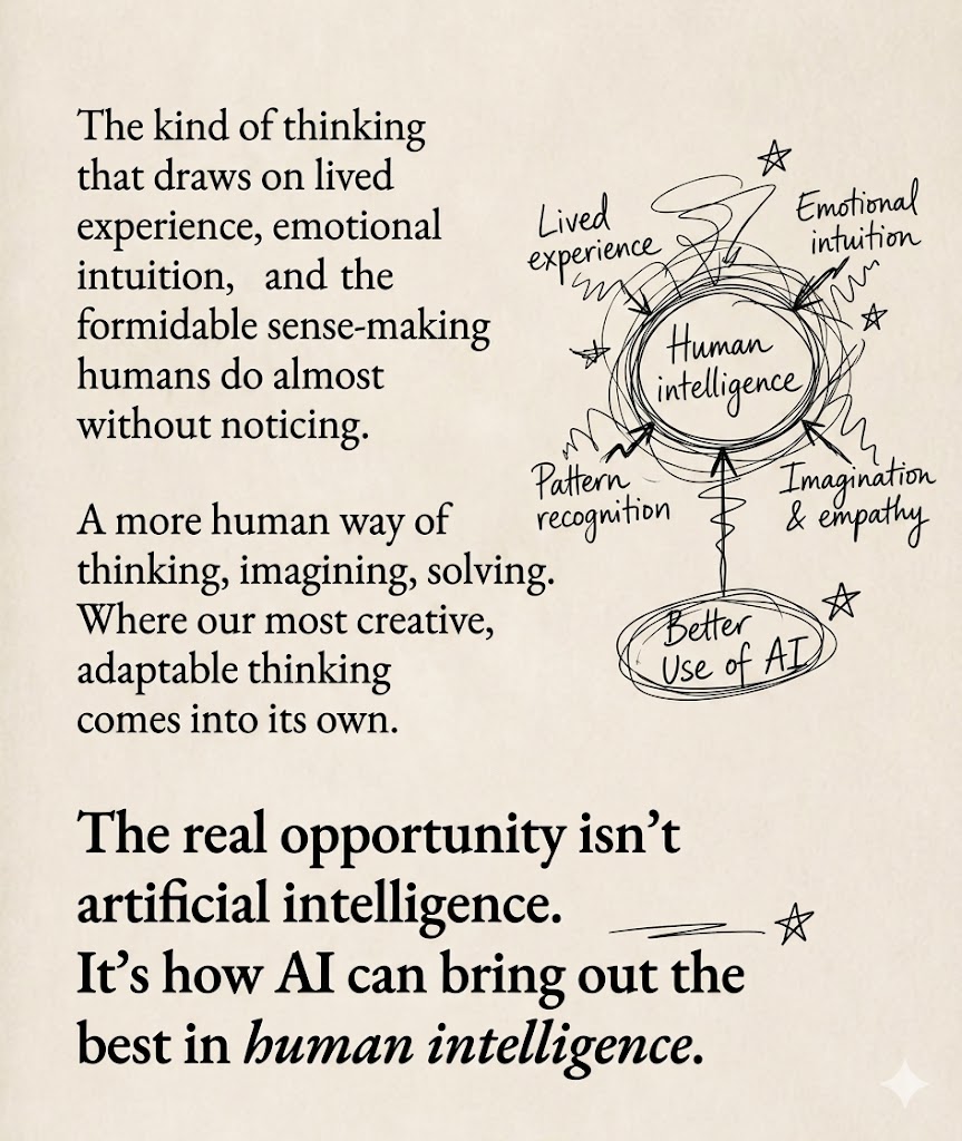A hand-drawn diagram exploring a more human use of AI, with the closing lines of the hero copy embedded into the image.