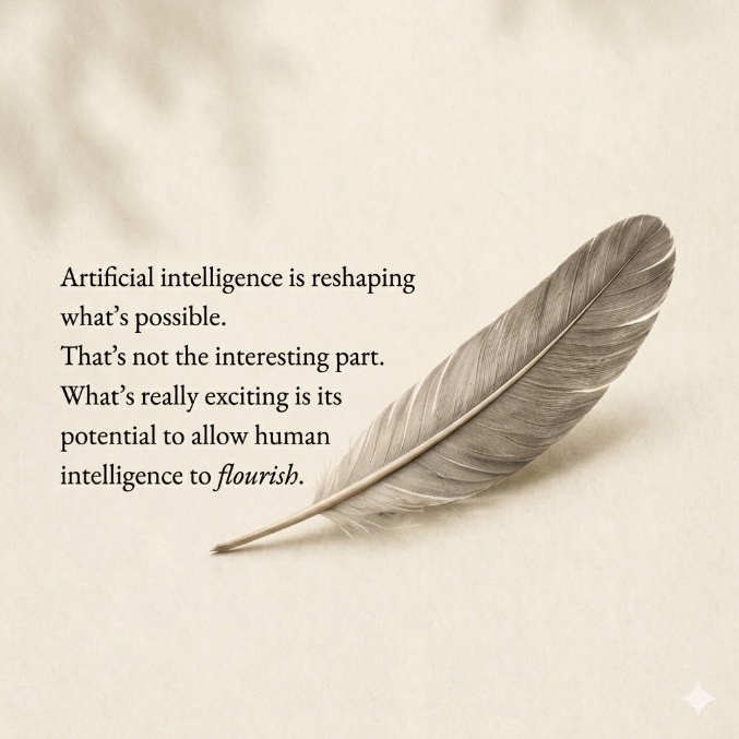 A feather with the opening lines of the site copy embedded into the image.