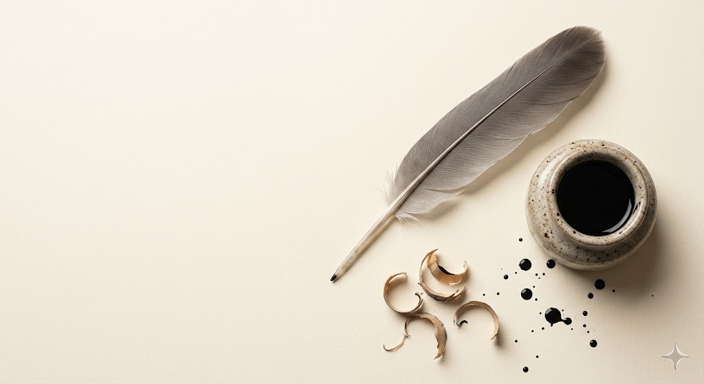 A feather trimmed into a traditional quill beside a small handmade ink bowl